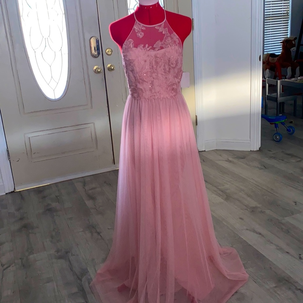 Halter, open back, chiffon dress